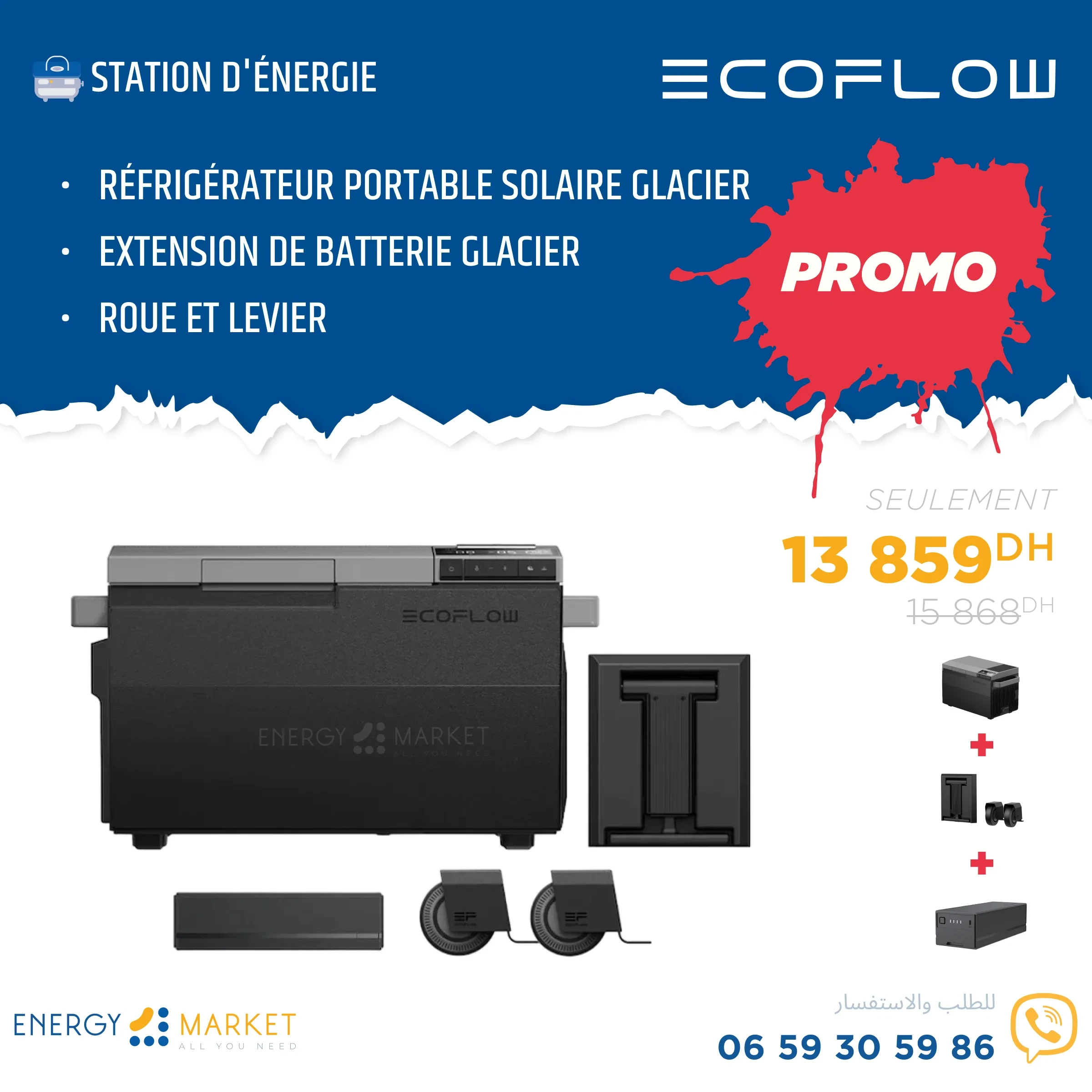 Réfrigérateur portable solaire Glacier - Extension de batterie - Roue et levier