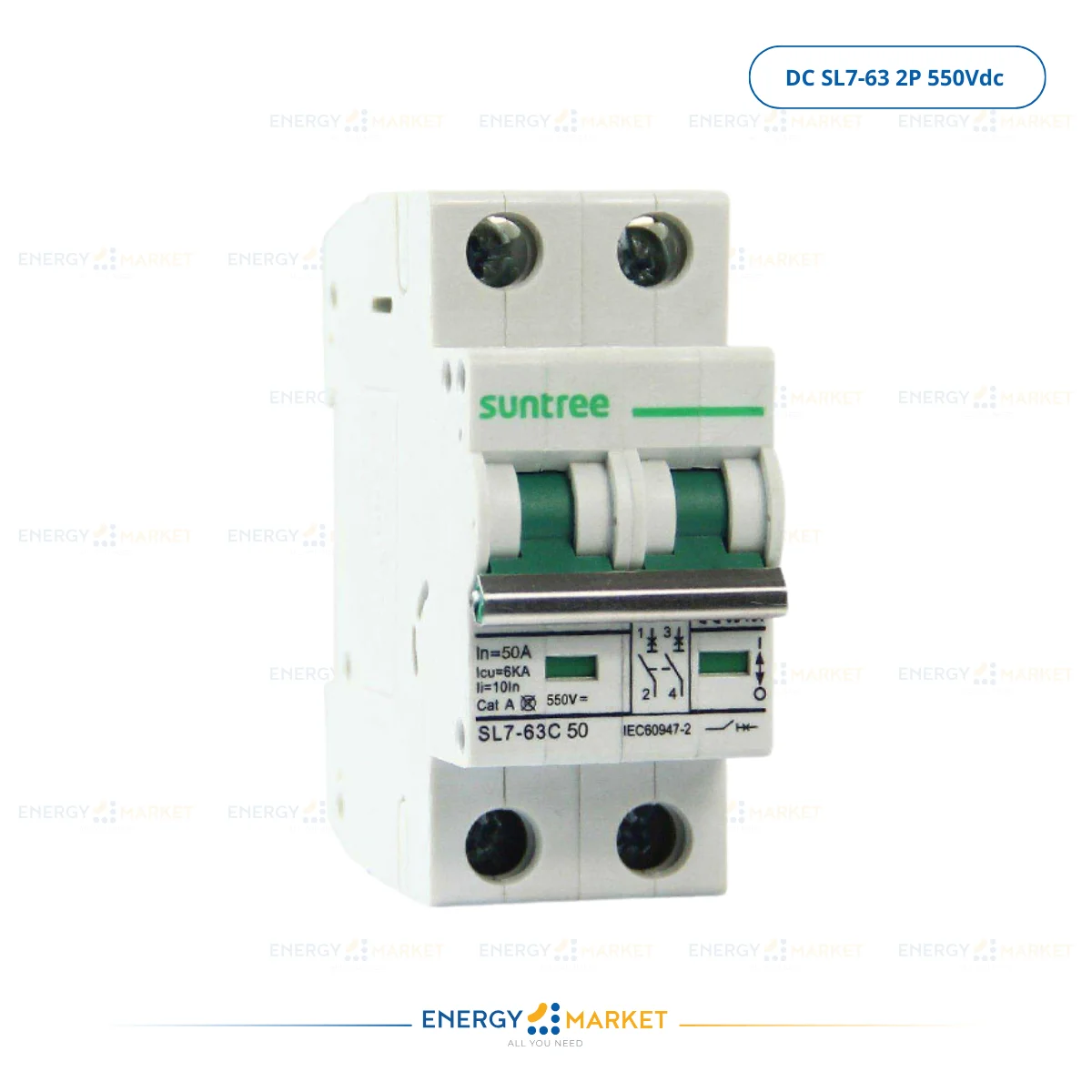 Disjoncteur DC SL7-63 2P – 550 Vdc / 800 Vdc – 20 A à 63 A (Protection PV & DC)